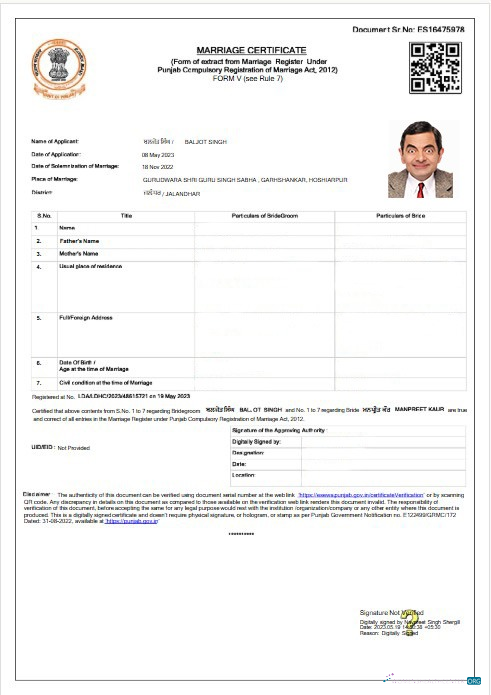 Download India Punjab marriage registrar marriage certificate Photoshop template
